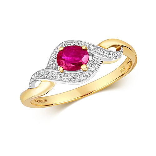 9CT DIAMOND & OVAL RUBY RING