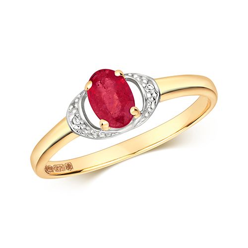 9CT DIAMOND & OVAL RUBY RING