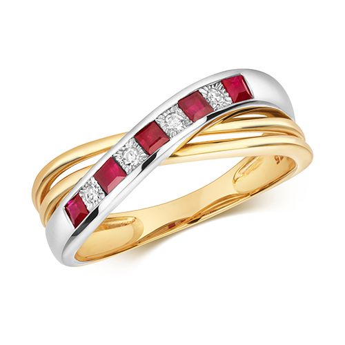 9CT DIAMOND & RUBY CROSSOVER RING