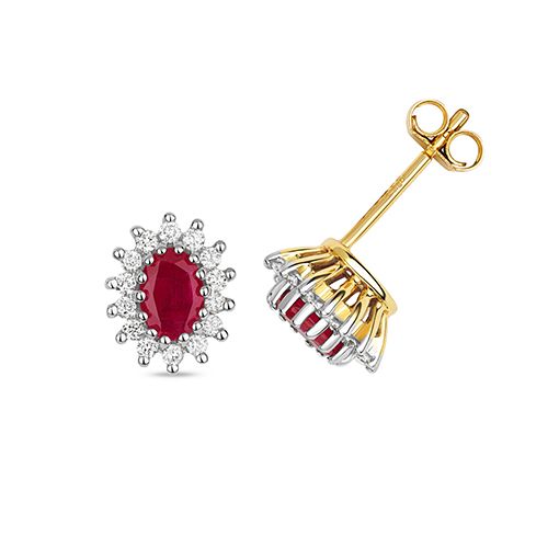 9CT DIAMOND CLUSTER 6X4 OVAL RUBY STUDS