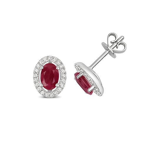 9CT DIAMOND AND RUBY HALO STUDS OVAL