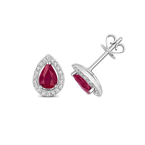9CT DIAMOND AND RUBY HALO STUDS PEAR
