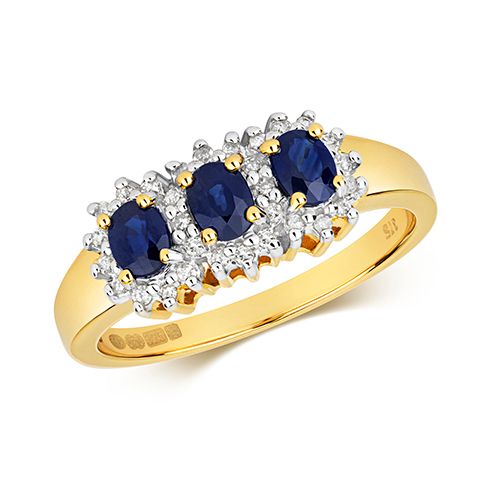 9CT DIAMOND & 3 OVAL SAPPHIRE CLUSTER RING