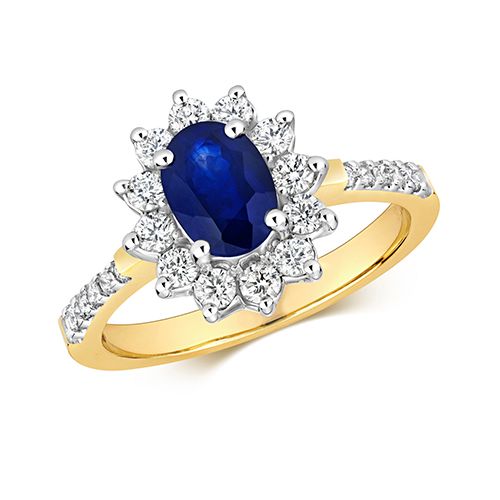 9CT DIAMOND SAPPHIRE SET SHOULDERS RING