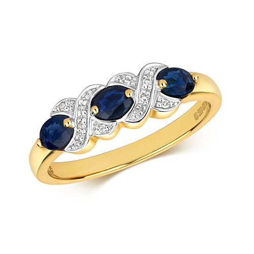 9CT DIAMOND & 3 OVAL SAPPHIRE RING
