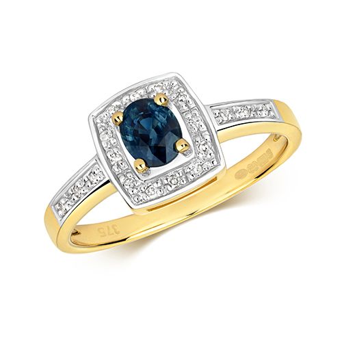 9CT DIAMOND & OVAL SAP CUSHION RING