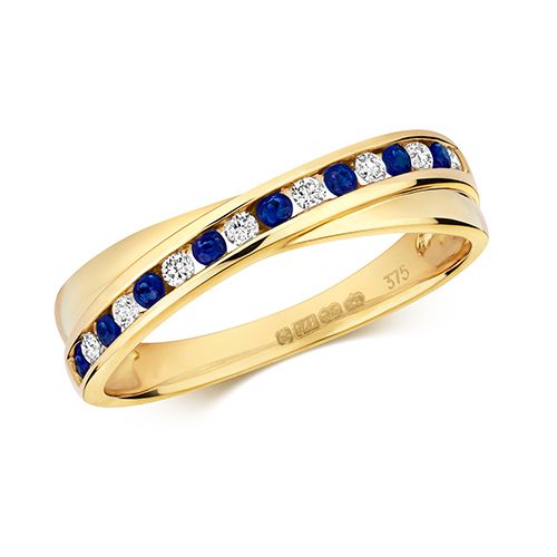 9CT DIAMOND CROSS OVER SAPPHIRE RING