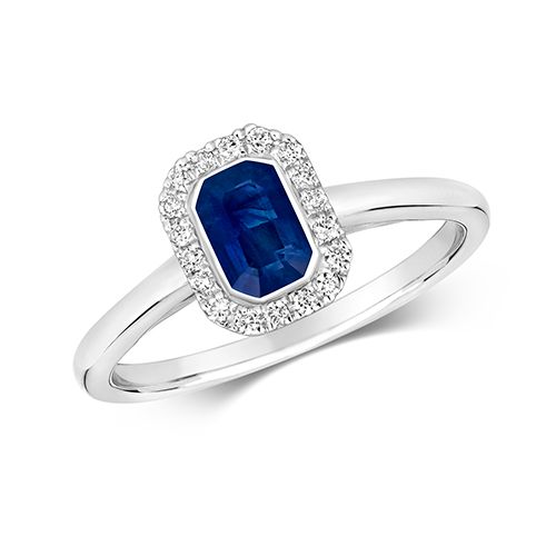 9CT DIAMOND CLUSTER OCTAGON SAPPHIRE RING