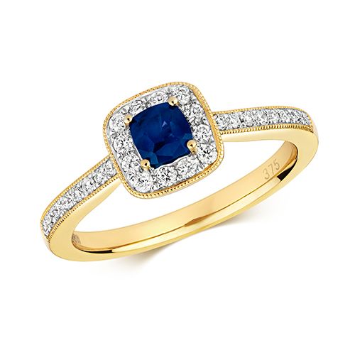 9CT DIAMOND CLUSTER CUSHION SAPPHIRE RING