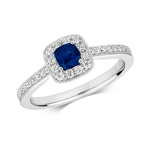 9CT DIAMOND CLUSTER CUSHION SAPPHIRE RING