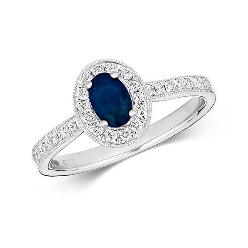 9CT DIAMOND CLUSTER OVAL SAPPHIRE RING