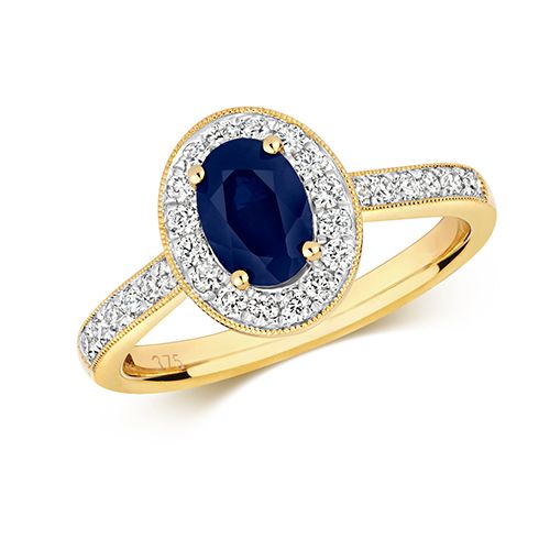 9CT DIAMOND CLUSTER OVAL SAPPHIRE RING