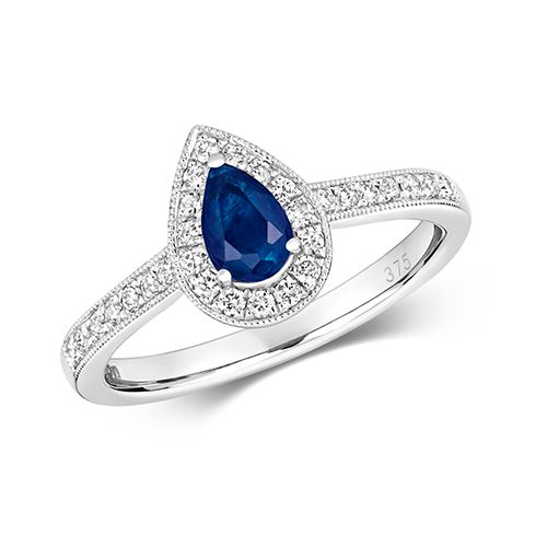 9CT DIAMOND CLUSTER PEAR SAPPHIRE RING