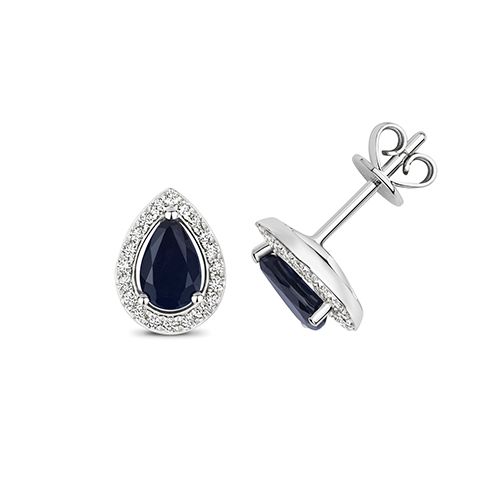 9CT DIAMOND AND SAPPHIRE HALO STUDS PEAR