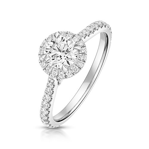 PLATINUM 0.75CT LAB GROWN CERTIFIED ROUND HALO DIA SET SHOULDERS