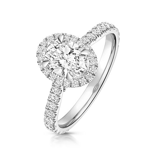 PLATINUM 1.0CT LAB GROWN CERTIFIED OVAL HALO DIA SET SHOULDERS