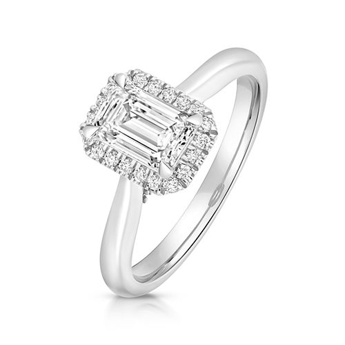 PLATINUM 1.0CT LAB GROWN CERTIFIED EMERALD CUT HALO PLAIN SHOULDERS