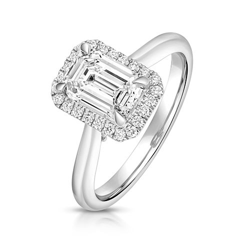 PLATINUM 1.50CT LAB GROWN CERTIFIED EMERALD CUT HALO PLAIN SHOULDERS