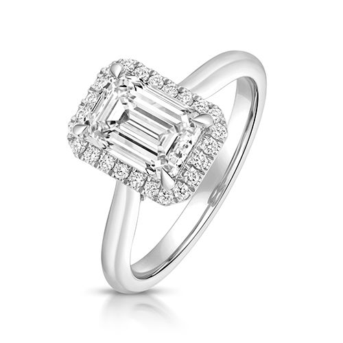 PLATINUM 2.0CT LAB GROWN CERTIFIED EMERALD CUT HALO PLAIN SHOULDERS