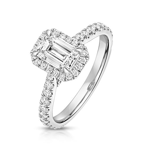 PLATINUM 1.0CT LAB GROWN CERTIFIED EMERALD CUT HALO DIA SET SHOULDERS