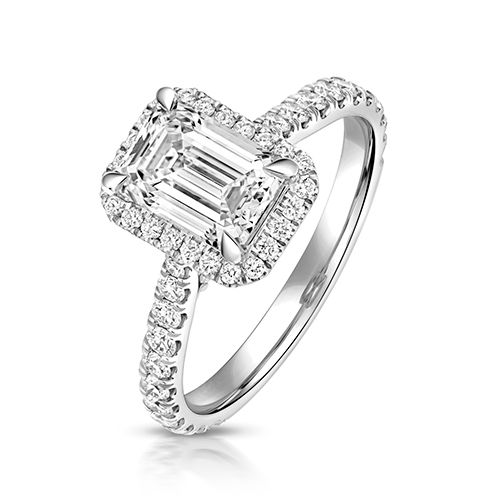 PLATINUM 1.50CT LAB GROWN CERTIFIED EMERALD CUT HALO DIA SET SHOULDERS