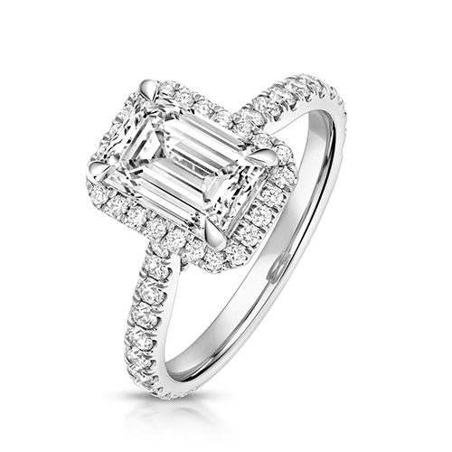 PLATINUM 2.0CT LAB GROWN CERTIFIED EMERALD CUT HALO DIA SET SHOULDERS