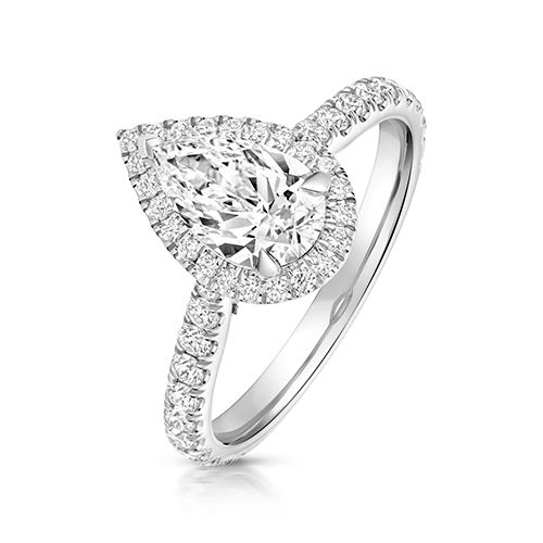 PLATINUM 1.0CT LAB GROWN CERTIFIED PEAR SHAPE HALO DIA SET SHOULDERS