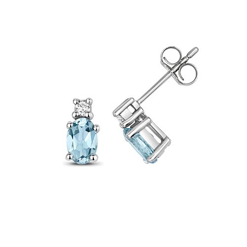9CT DIAMOND AND AQUAMARINE OVAL STUDS