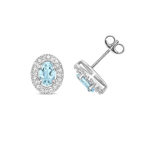 9CT DIAMOND & AQUAMARINE HALO EARRING STUDS