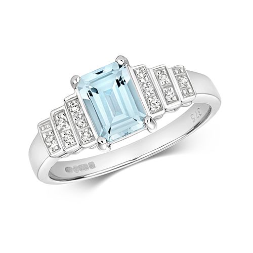 9CT DIAMOND & EMD CUT AQUA RING