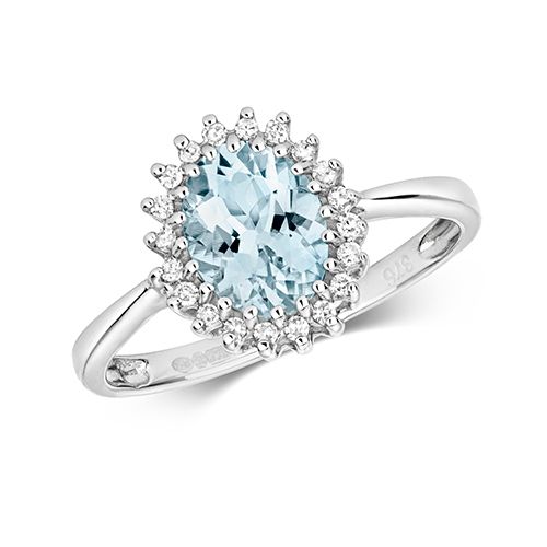 9CT DIAMOND & OVAL AQUA RING