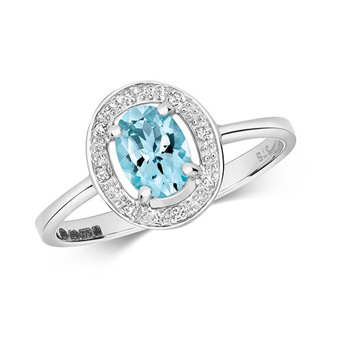 9CT DIAMOND & OVAL AQUAMARINE RING