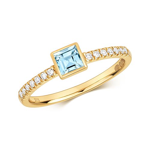 9CT DIAMOND & AQUAMARINE RING