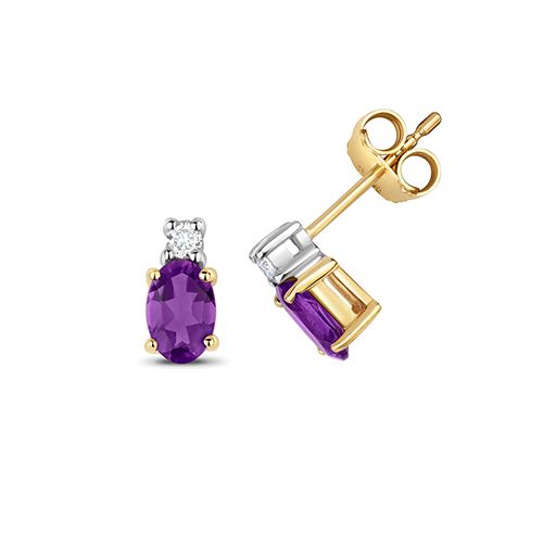 9CT DIAMOND AND AMETHYST OVAL STUDS