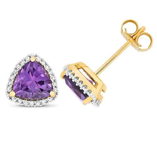 9CT DIAMOND AND AMETHYST TRILLION STUDS