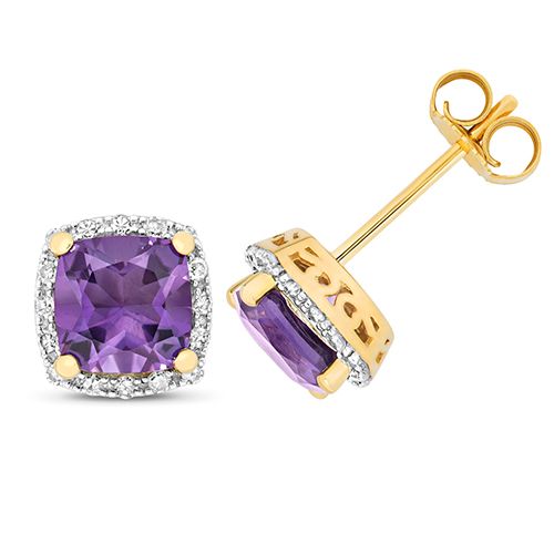 9CT DIAMOND AND AMETHYST CUSHION STUDS