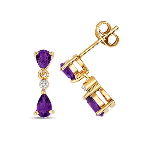 9CT DIAMOND & AMETHYST DROP EARRINGS