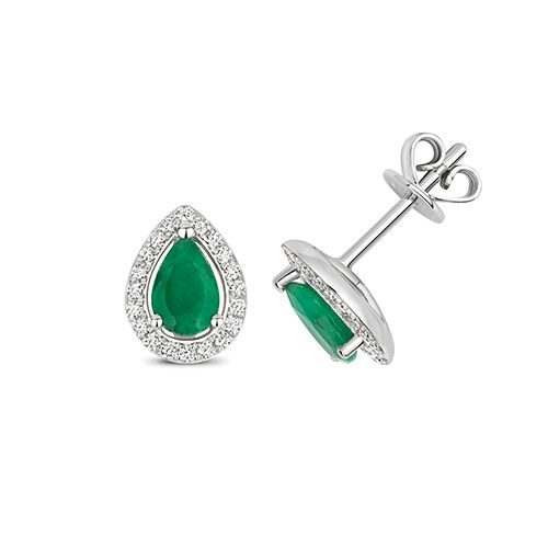9CT DIAMOND AND EMERALD HALO STUDS PEAR