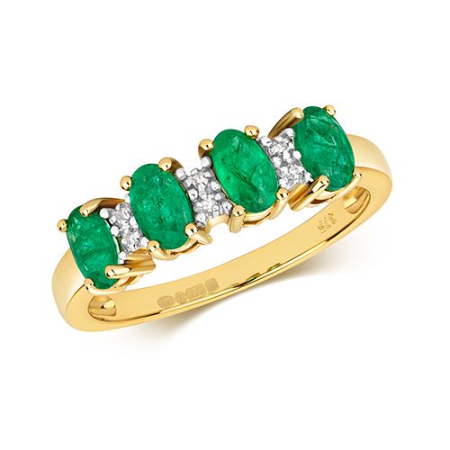 9CT DIAMOND & 4 OVAL EMERALD RING