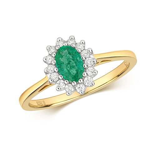 9CT DIAMOND CLUSTER 6X4 OVAL EMERALD RING