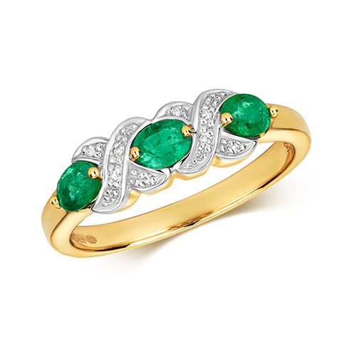 9CT DIAMOND & 3 OVAL EMERALD RING