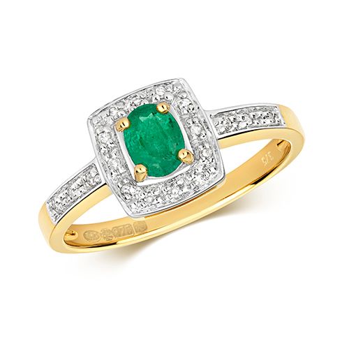 9CT DIAMOND & OVAL EMERALD CUSHION RING