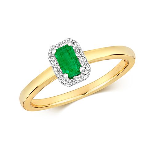 9CT DIAMOND CLUSTER OCTAGON EMERALD RING