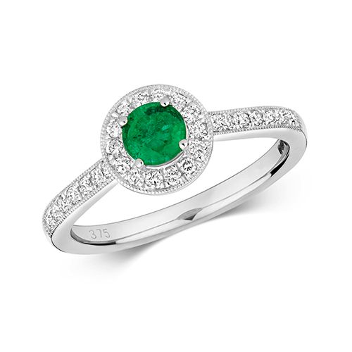 9CT DIAMOND CLUSTER ROUND EMERALD RING