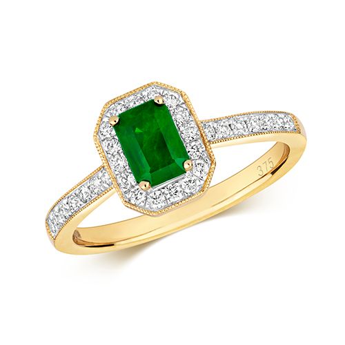 9CT DIAMOND CLUSTER OCTAGON EMERALD RING