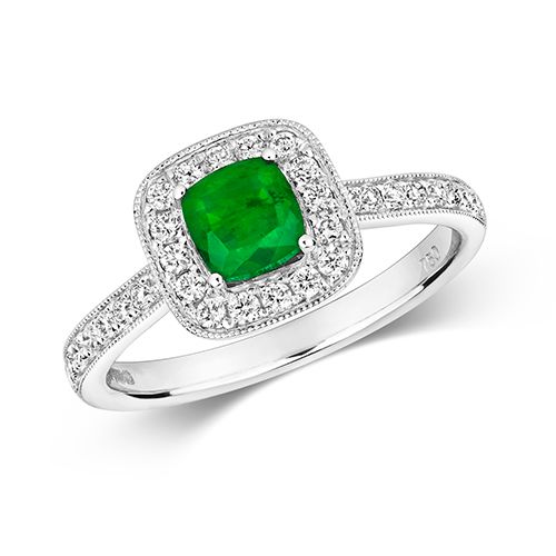 18CT DIAMOND CLUSTER CUSHION EMERALD RING