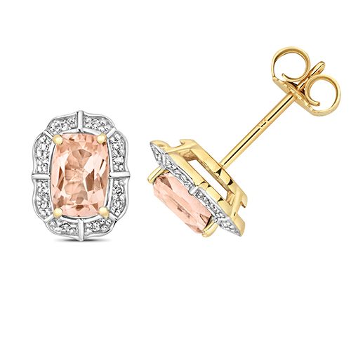 9CT DIAMOND AND MORGANITE OVAL STUDS