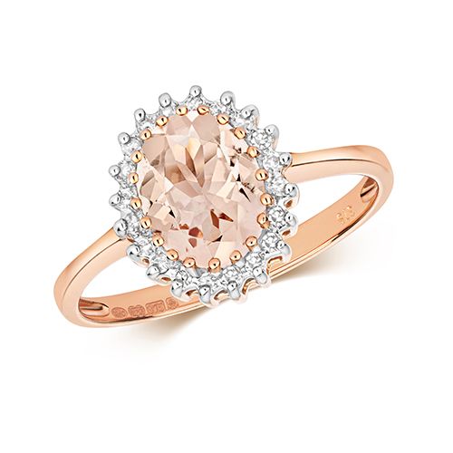 9CT DIAMOND & OVAL MORGANITE RING