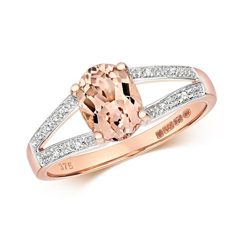 9CT DIAMOND & OVAL MORGANITE RING