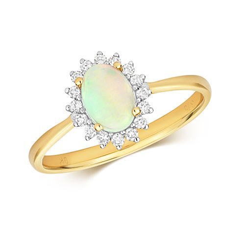 9CT DIAMOND & OPAL RING OVAL
